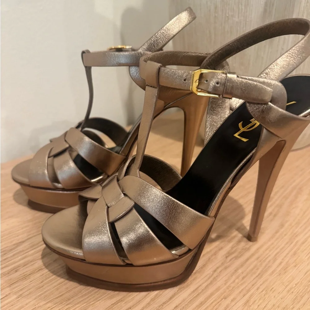 Saint Laurent Metallic Bronze Braided T-Strap Platform Sandals - Picture 15 of 16